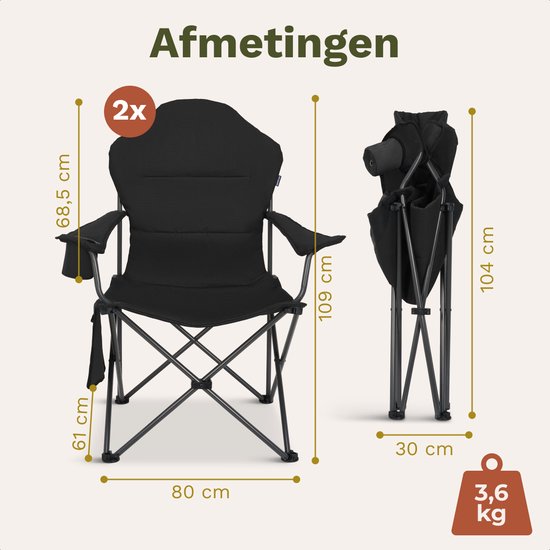 TRVLMORE Campingstoelen XXL - Opvouwbaar - 2-Pack - 160KG Draagvermogen - Incl. Draagtas - Klapstoel - Visstoel - Kampeerstoel - Vouwstoel - Zwart