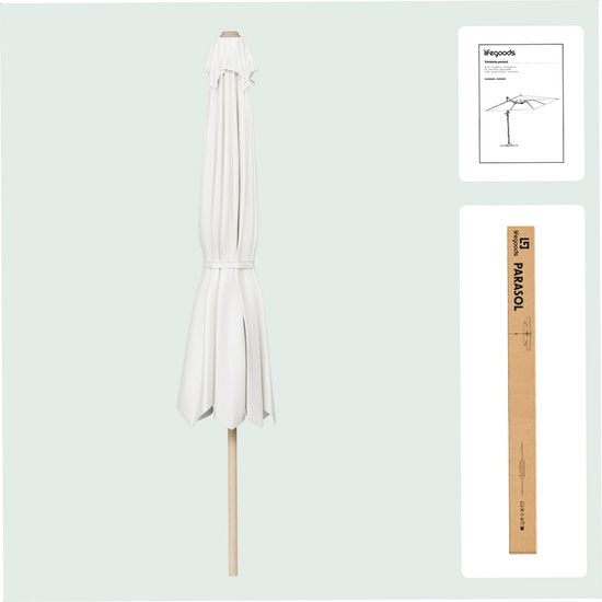 LifeGoods Parasol - Tuin - 270x180cm - 30° Kantelbaar - Waterdicht - UPF50+ - Houtkleurige coating - Crème
