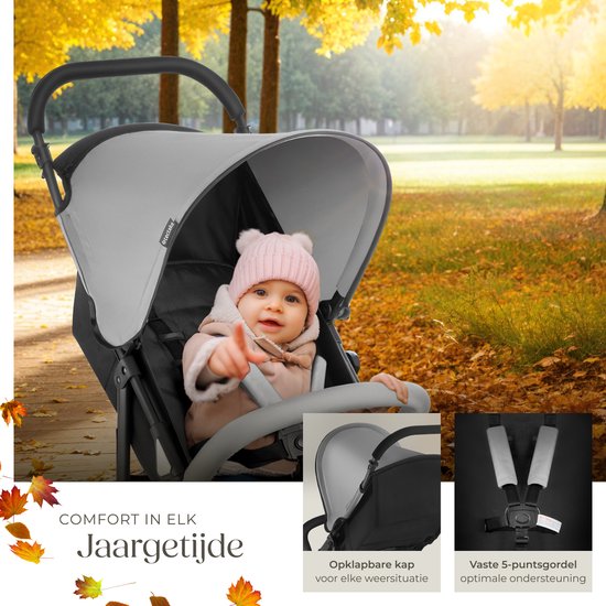 tectake® Buggy - Kinderwagen - Inklapbaar, 5-Puntsgordel, Verstelbare rugleuning en beensteun - Met rem, lichtlopende wielen - Praktische opbergmand - Zwart/grijs