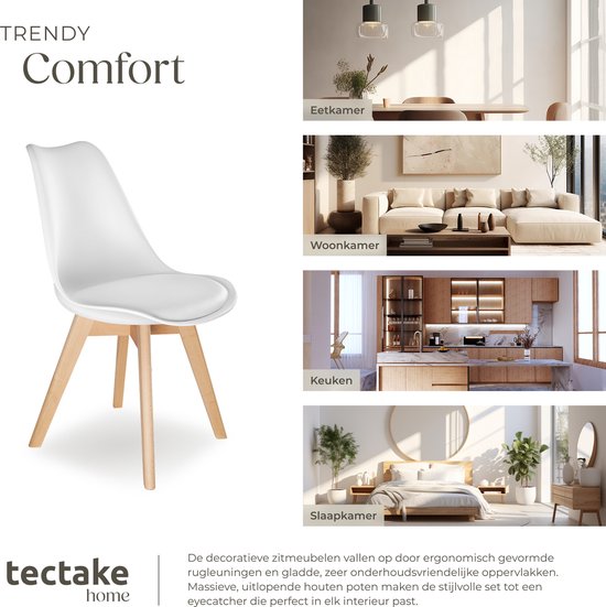 tectake® Eetkamerstoel Frederikke - Set van 2 Eetkamerstoelen met Gevoerde Stoffen Zitting - Massief Houten Poten - Ergonomische Stoelen geschikt voor Woonkamer, Eetkamer, Slaapkamer en Keuken - Draagkracht 120kg - Wit