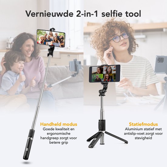 Studio ME Selfiestick Universeel - Statief - Geschikt voor Telefoon & Actiecamera - 100 cm - Selfie Stick - 360° Rotatie - Bluetooth Afstandsbediening - Telefoonhouder