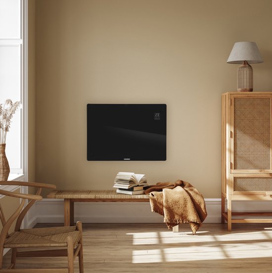 VONROC Luxe elektrische kachel - Convectorkachel met glazen paneel – 750W/1500W - Verwarmt ruimtes tot 18m2 - Bediening zowel met app (via Wifi) als handmatig – Instelbare thermostaat en timer - Zwart