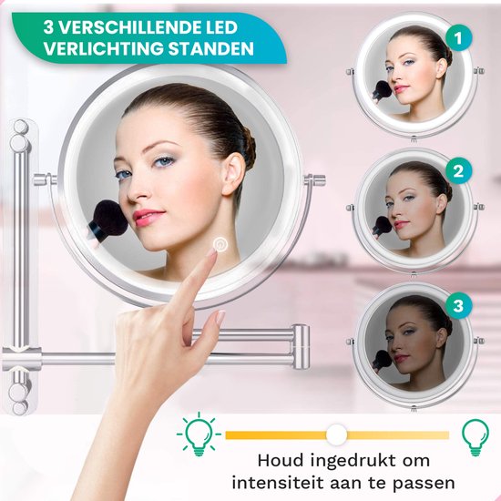 Mirlux Make Up Spiegel met Led Verlichting - Oplaadbaar - 7X Vergroting - Vergrootspiegel met Licht - Scheerspiegel - Badkamerspiegel - Chroom