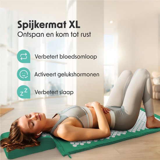 LifeGoods Acupressuur Mat XL - met Kussen - Shakti mat - Spijkermat Incl. 2x Triggerpoint Bal - 128x48x2cm - Groen/Wit