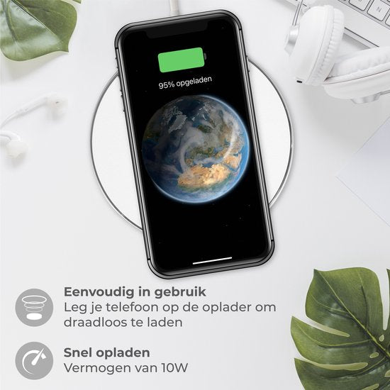 Nuvance - Draadloze Oplader 10W - Inclusief Kabel - Wireless Charger - Fast Charger - Geschikt voor alle Qi-Smartphones - Wit en Zilver