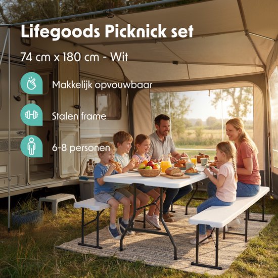 LifeGoods Inklapbare Picknickset - 180cm x 74cm - Tuintafel met 2 Banken - Weerbestendig - Campingtafel - Biertafel Opklapbaar - Voor Binnen en Buiten - Voor 6 tot 8 Personen - Wit
