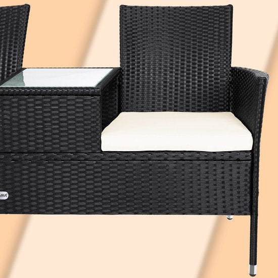 Casaria Polyrattan Tuinbank - Incl. Kussen Tafel 143x55x88 cm Zwart