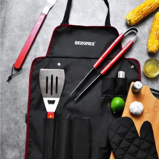 Bergner BBQ Accessoires 7 Delige Gereedschapset - Roestvrijstaal - Geschenkset - met bbq Schort