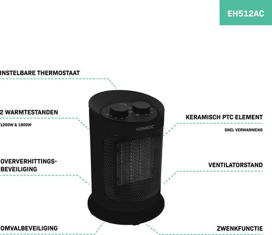 VONROC Elektrische kachel - ventilatorkachel - 1200W/1800W - keramisch - 3 standen - thermostaat - zwenkfunctie - 20m2
