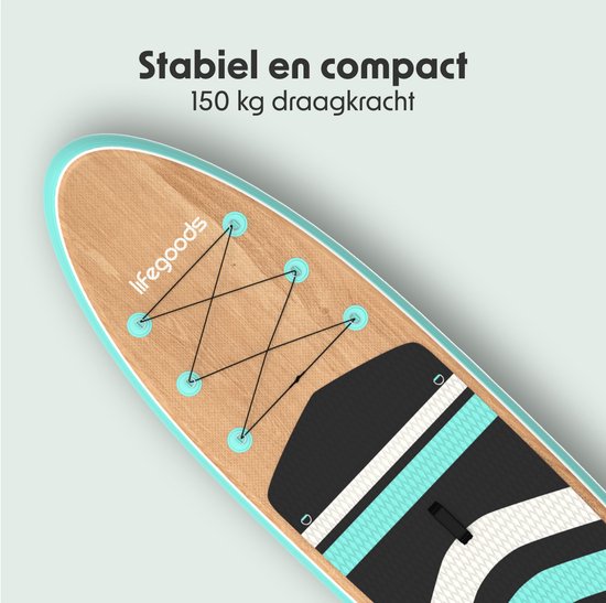 LifeGoods PaddlePro SUP Board - Opblaasbaar Paddle Board - Complete Set - Max. 150KG - 320x81cm - Hout/Mintgroen