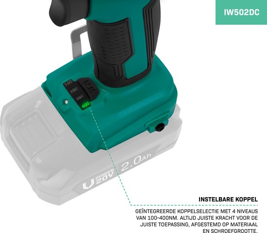 VONROC Accu slagmoersleutel 20V – 4 standen: 100/200/300/400Nm - Incl. 4 moerdoppen – geschikt voor het verwisselen van wielbouten en -moeren - Zonder accu & lader