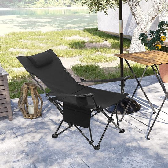 Campingstoel, inklapbare klapstoel, visstoel, lichte strandstoel, vouwstoel met rugleuning, bekerhouder, opbergtas, 150 kg belastbaar, zwart