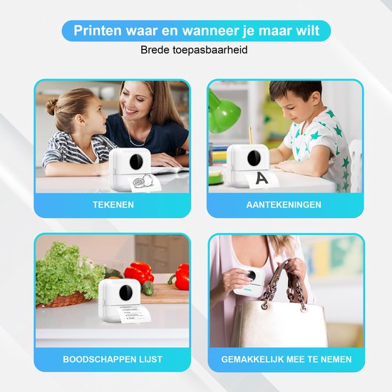 Ilona Mini printer voor mobiel - Pocket printer - Premium Mini Fotoprinter - Draagbare Smartphone Printer - Mobiele fotoprinter - Sticker printer - Incl. 5 Rollen Zelfklevend Papier + 5 Rol Wit Papier + 3 Rollen Gekleurd Papier + 5 Pennen