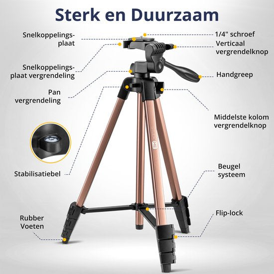 Studio ME Telefoon Statief - 136 cm - Tripod Smartphone - Rosegoud - Camera Statief - Telefoonhouder - Incl. Bluetooth Afstandsbediening - Statief Telefoon