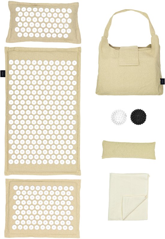 LifeGoods Acupressuur Mat Eco - Complete Set - Kussen / Draagtas / 2x Triggerpoint Bal - Shakti mat - Spijkermat - 72x43x2cm - Beige/Wit
