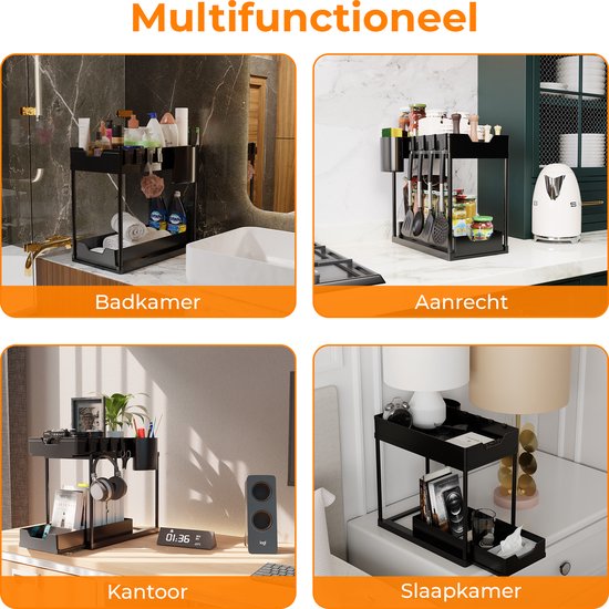 Posity Gootsteenkast Organizer - Keukenkastje Organizer - Schuiflade - Kast Organizer - Badkamer Organizer - Aanrecht Organiser - 2 Uitschuifbare Lades - Zwart