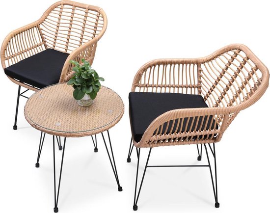 Casaria Tuinset Bali 3 Delig – 1 Tafel & 2 Stoelen – Naturel Zwart