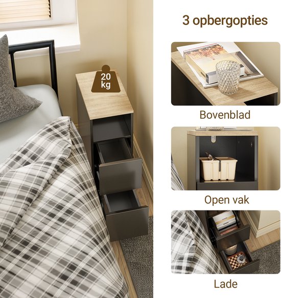SoBuy Smal nachtkastje, dunne Bijzettafel met 2 laden en open vak, voor Woonkamer, Slaapkamer of Kantoor, 20x35x60cm, zwart, FBT149-SCH