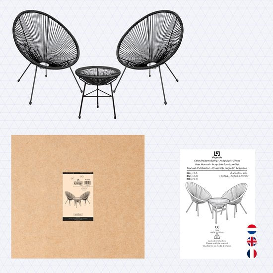 LifeGoods Acapulco Bistroset - 3-Delig - Tuinset met Bijzettafel - Zwart