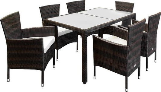 Casaria Polyrattan Tuinset – Tafel 6 Stoelen & Kussens – Bruin