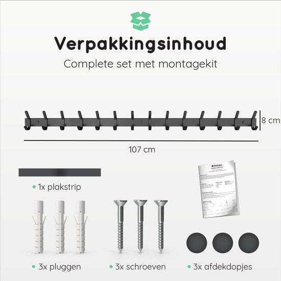 Volcan Wandkapstok - 28 Haken - Muur Kapstok Hangend met 3M Tape - Industrieel - Zwart RVS