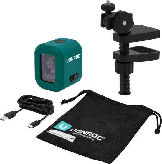 VONROC kruislijnlaser– Groen – 4V accu– 1800mah - Zelfnivellerend – 18 meter bereik – Incl. bevestigingsbeugel, USB-C kabel & opbergtas