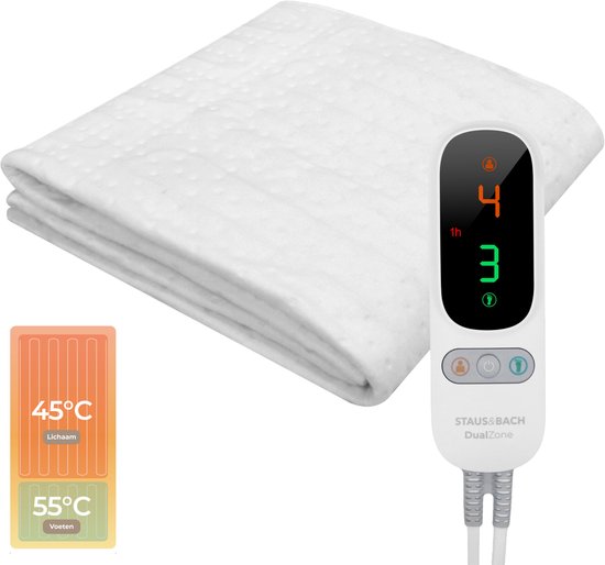STAUS&BACH Elektrische onderdeken met voetwarmte 190x90 cm - Eenpersoons - 6 warmtestanden - Aparte voetzone - Anti allergie - Antibacterieel - Warmtedeken - Extra snel warm - Uitwasbaar - Fleece - DualZone - Wit