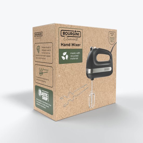Bourgini Elements - Handmixer - 5 snelheden met Turbo - RVS accessoires - 400W vermogen - GRS gecertificeerd gerecyclede materialen