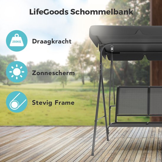 LifeGoods Schommelbank - 3-zits - tot 250KG - Kantelbaar Dak - UV-bestendig Zonnescherm - 172x104x162cm - Grijs