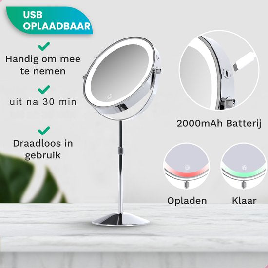 Mirlux Luxe Make-upspiegel met LED-verlichting - 10x Vergroting - Verstelbaar & Oplaadbaar - 3 Lichtstanden - Chroom - Make-upspiegel - Spiegel met LED-licht