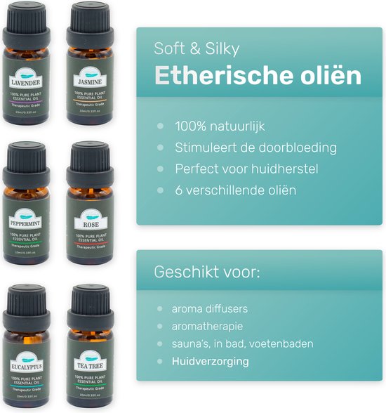 Soft & Silky - Etherische Olie - 6 stuks - 100% natuurlijk - Geschikt voor huid - Diffuser - Voetenbad - Sauna - Essentiële - Geur - olie - Oliën
