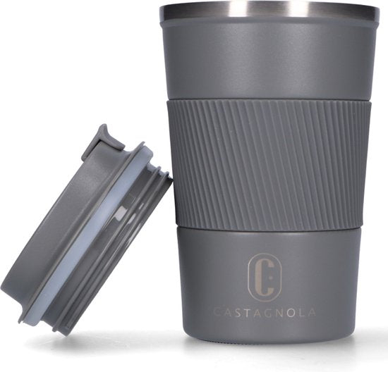 Castagnola Thermosbeker - Koffiebeker To Go - Travel Mug voor Koffie en Thee - Theebeker - 380 ML - RVS - Grijs