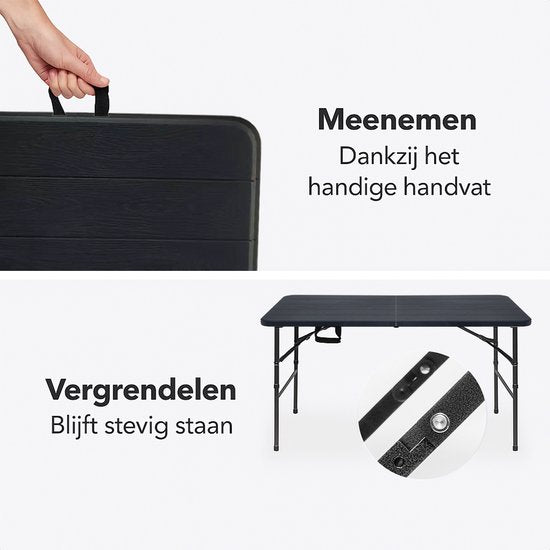 LifeGoods Inklapbare Tafel - 124x61,5 cm - Stevige Klaptafel - Weerbestendig - Inklapbare eettafel - Campingtafel - Vouwtafel voor Binnen en Buiten - Zwart houtnerf