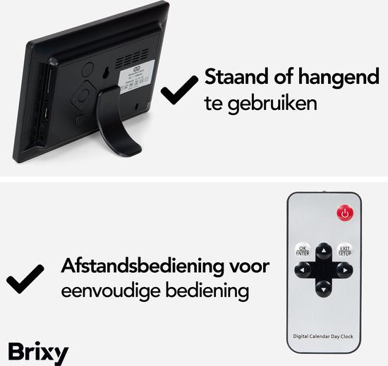 Brixy Dementieklok - 24 Alarmfuncties - Incl. Afstandsbediening - Automatische Dimfunctie - Kalenderklok - Zwart