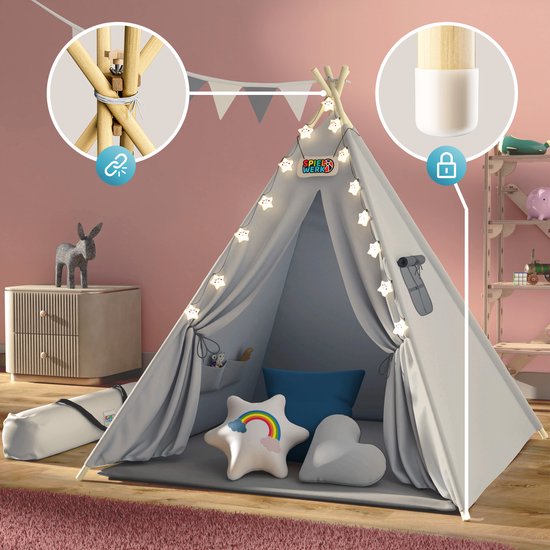 Spielwerk Speeltent – LED 3 Kussens Spanschroef 130x130x160cm - Grijs