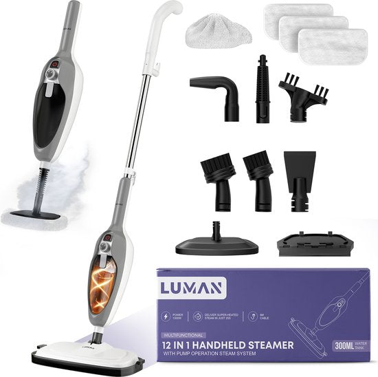 LUMAN 12 in 1 Stoomreiniger Én Handstomer V1 - Tapijtreiniger - Vlekkenreiniger - Met Aanpasbare Stoomkracht - Met 10 Opzetstukken en 3 Microvezeldoeken - Grijs