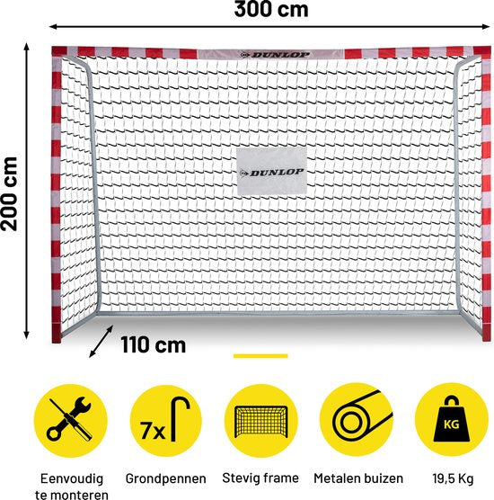 Dunlop Voetbaldoel - Inclusief 7 Grondhaken - Metaal - 300 x 200 x 110 cm - Wit/ Rood