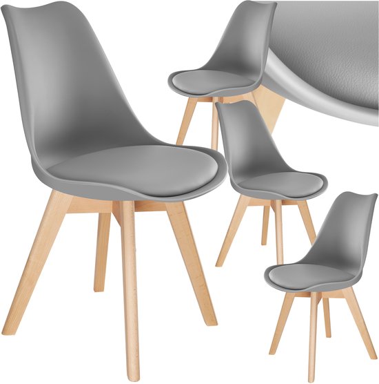 tectake® Eetkamerstoel Frederikke - Set van 4 Eetkamerstoelen met Gevoerde Stoffen Zitting - Massief Houten Poten - Ergonomische Stoelen geschikt voor Woonkamer, Eetkamer, Slaapkamer en Keuken - Draagkracht 120kg - Grijs