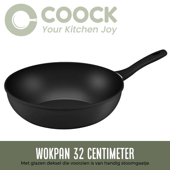 COOCK Wokpan Inductie 32cm - Speciale Anti-Aanbak Coating - Roerbakpan met deksel - Gerecycled Aluminium - Zwart - Inclusief E-book