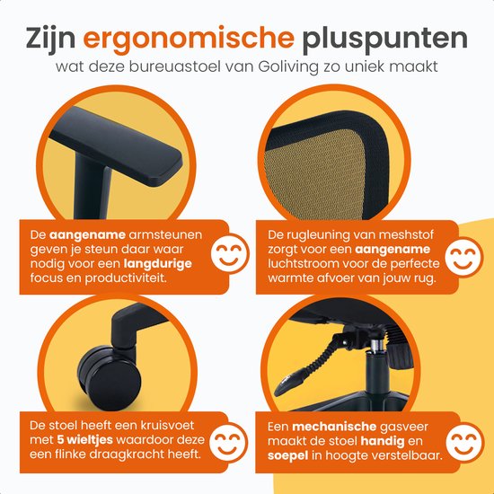 Goliving Ergonomische Bureaustoel - Kantoorstoel - Office Chair - Verstelbaar - Op Wieltjes - Voor Volwassenen - NEN-1335 - Zwart