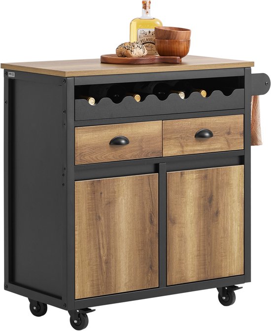 SoBuy Keukenwagen met Wieltjes, Keukeneiland met Flessenhouder, 2 Laden en 2 Deuren, Vintage Bruin, 89x40x87 cm, Dressoir en Opbergkast - FKW122-SCH
