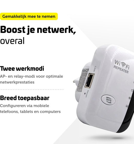 Garpex® WiFi Versterker Stopcontact - Sterk Signaal - 300Mbps - Inclusief Ethernet Kabel - Repeater - 300Mbps