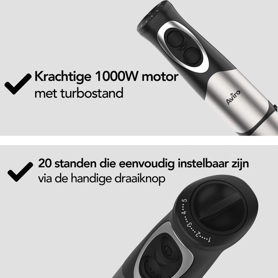 Aviro 6-in-1 Staafmixer Set - 1000W - 20 Snelheden - Hakmolen, Melkopschuimer, Garde & Maatbeker - RVS