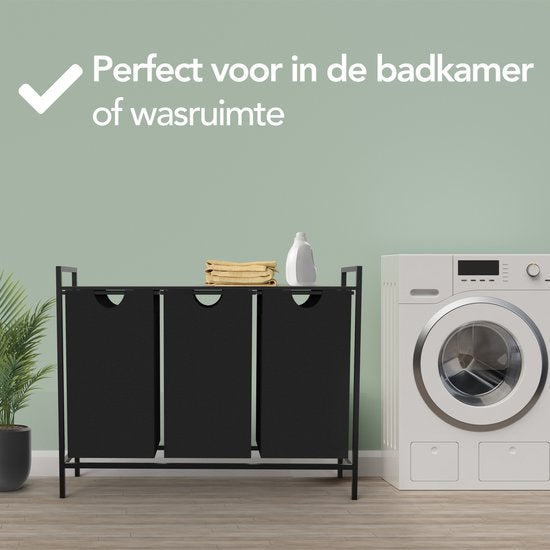 Brixy Wasmand 3 Vakken - Wassorteerder - Uitschuifbaar - Wasbox Metaal - 117L Inhoud - 90 x 33 x 70 cm - Zwart/Bruin