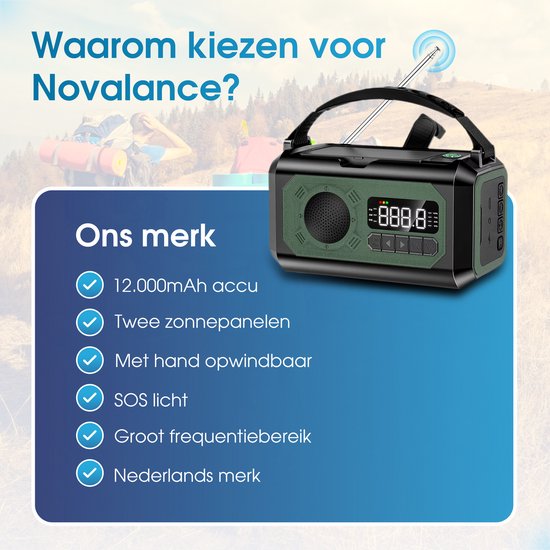 Novalance Noodradio - Solar Opwindbaar 12.000mAh - MODEL 2025 - Solar powerbank - Survival Noodpakket - Zaklamp - Noodpakket – Noodrantsoen - Radio