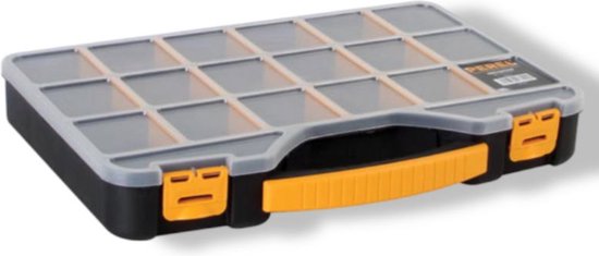 Perel assortimentsdoos, max. 20 compartimenten, 16 tussenschotten, transparant deksel, stapelbaar, 326 x 257 x 48 mm, geel/zwart