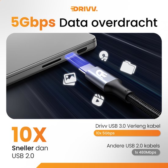 Drivv. Premium USB Verlengkabel 3.0 - Mannelijk naar Vrouwelijk - USB Datakabel - Snelle Overdracht - 5Gbps - Nylon - 1 Meter - Zwart