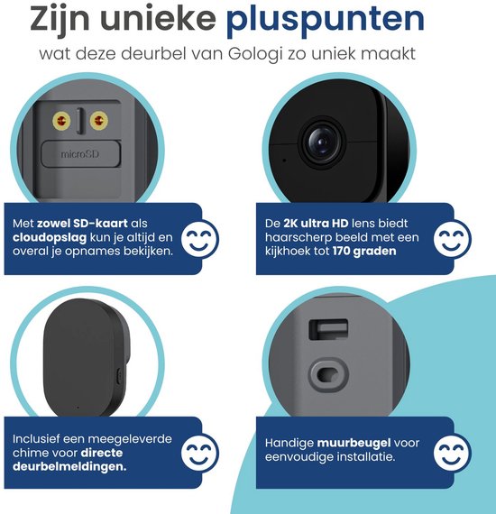 Gologi Video Deurbel - Slimme Deurbel met Camera en WiFi - HD Video Kwaliteit - Draadloos op Accu - Inclusief Muurbeugel en Chime - Night Vision - Waterdicht - Zwart