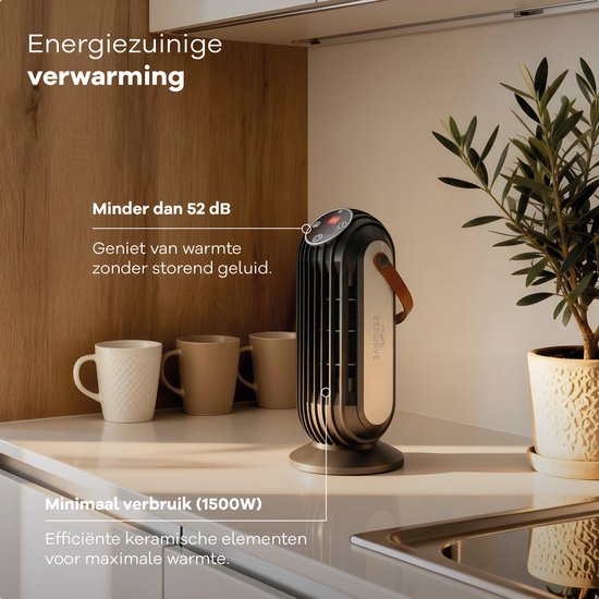 Zenwave Elektrische Kachel met Display - Compacte 1500W Ventilatorkachel - Heater met 2 Warmtestanden en 1 Ventilatorstand - Verwarming Electrisch voor Binnen en Buiten - Zwart