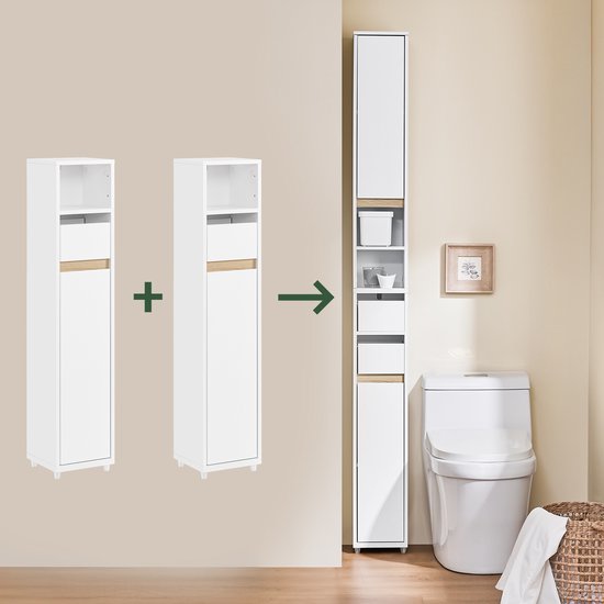 SoBuy BZR151-W Badkamermeubel voor smalle ruimtes, compacte opbergkast met verstelbare plank en lade, voor badkamer, toiletkast van hout, wit, 20 x 20 x 96 cm